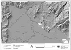 Fig. 1. Digital Elevation Model (DEM) of northeastern Thessaly with the basins of Sykourio and Elateia, west of Mt Ossa. To the DEM, lakes and rivers, digitised from historical maps, were added. 
