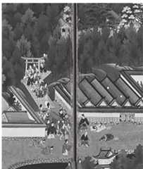 Figure |. Hidetada returns from his pilgrimage to Sanno. Unknown artist, circa 1630s. De- tail from the left wing of the Edozu bydbu. Courtesy of the National Museum of Japanese History. 