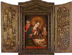 FIG.1_ Hanging Oratory with Maki-e tif Mother-of-Pearl Inlay (sixteenth century). European painting of the Holy Family by an unknown artist, housed in a Japanese maki-e lacquered, portable shrine made for export and decorated with flowers and birds. In the center of the interior side of the left door we see a cock and a hen of a rare, horned and long-tailed bird species among hanging racemes of wisteria (fuji 2) flowers, five of which are given prominence by being inlaid with mother-of-pearl, while seven others remain less visible because their coloring blends in with that of the leaves of the vines. At the very top, another cock of the same bird species looks down upon the scene in the wisteria, possibly stressing  the allegory of a genealogy representing three generations. Source: Portable shrine depicting birds and flowers in maki-e lacquer, Azuchi-Momoyama 2 +- HKLL| period (sixteenth century), height 61.5 cm, width 39.5 cm (closed), depth 5 cm; Collection reference no. Hs, Kyushu National Museum 7L)N F077 AY BR, Dazaifu A324), Japan, https://colbase.nich.go.jp/collection_items/kyuhaku/ Hs?locale=ja. Image courtesy of ColBase: Integrated Collections Database of the  National Institutes for Cultural Heritage, Japan.  