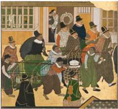 FIG.2 Detail of Nanban Screen Attributed to Kano Domi Ff £38 (Azuchi- Momoyama period). Upon their arrival in Nagasaki, Portuguese mariners would give thanks for their safe crossing from Macao in one of the city’s churches. This detail depicts one such procession on its way to a church, passing in front of a shop with the sagari fuji (hanging wisteria) motif, the kamon of the Goto family, on its noren curtain. Beside the curtain, a woman with a child in her arms looks outside. The painter to whom this screen is attributed had himself converted to Christianity. Source: Attributed to Kané Domi, Detail of Nanban Folding Screen (right wing, fifth panel, lower half), Azuchi- Momoyama period (1576-1603), wooden lattice covered with paper, gold leaf, polychrome tempera paint, silk, lacquer, copper gilt, 172.8 x 380.8 x 2 cm; Museu Nacional de Arte Antiga, Lisbon, Portugal, http://museudearteantiga.pt/ collections/art-of-the-portuguese-discoveries/namban-folding-screens. Image cour- tesy of Museus e Monumentos de Portugal, E.P.E./Arquico de Documentagao Fotografico; photograph by Luisa Oliveira/José Paulo Ruas. 