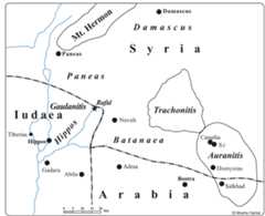 Map 6. Northern Transjordan in the 2™ c. CE.  Following the separation of Gaulanitis from the other districts, the boundary between Gaulanitis and Paneas that had been an internal boundary in Agrippa’s kingdom, became a provincial boundary. This transformation sheds light on the Romans’ considerations in fixing their provincial boundaries. In this case it is clear that they related to the demographic situation even in a small district such as the Golan. This is not to say that these considerations were always dominant, but it seems that the determination of the provincial boundaries was not arbitrary. The new boundary  Why did Gaulanitis fare differently from the neighboring districts? Why was it not annexed to Syria as well? There are no extant sources to assert the Roman’s reasons for 