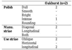 Table 6.4.2. Number of tools with polish, striations and manufacturing wear.  not seem intentional. 