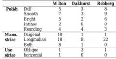 Table 6.12.2. Number of tools with polish, use-wear and manufacturing wear. 