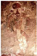 Fig. 3. A Round head mask representing a stylized mouflon (Aouarnhat, Tassili). an important figure in spiritual life. Since they are all situated on the Tassili Plateau, they may have belonged only to these most elevated altitudes. Places and natural features are fundamental elements in all African religion and African people all over the continent consider rocks and caves to be the dwelling place of the spirits; spectacular mountains are regarded as sacred and high mountains are believed to be inhabited by God (Mbiti, 1969). At least one of these figures, the great god of Sefar, for death and playing an important role in initiation