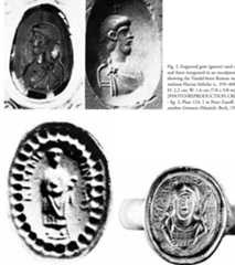 Fig. 4. The signet (seal) ring (lost in 1831) of the Merovingian King Childeric I (r. c. 458-82) from his tomb in Tournai. H: 2.1 cm (53/64 in).  [PHOTO/REPRODUCTION CREDIT - fig. 4: Plate 12 in Percy Ernst Schramm, Herrschafiszeichen und Staatssymbolik. Beitrage  zu ihrer Geschichte vom 3. bis 16. Jahrhundert, vol. 1 (Stuttgart: Hiersemann, 1954)]  Fig. 3. Lost gem (sapphire) used as a seal, portraying Flavius Ricimer (c. 405-18 August 472). H: 1.85 cm (47/64 in). The image is of a male figure standing frontally, wearing tunic and toga. Inscribed RICIMER VINCAS. Seen on the art market at the beginning of the 20th century.  [PHOTO/REPRODUCTION CREDIT - fig. 3:  Fig. 21 in Richard Delbrueck, Die Consulardiptychen und verwandte Denkmiller: Studien zur spitantiken Kunstgeschichte, vol. 2 (Berlin and Leipzig: De Gruyter, 1929)] 