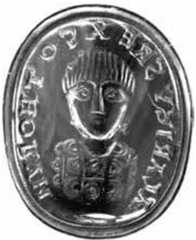 Fig. 7. Engraved gem (sapphire) used as a seal, portraying the Visigothic King Alaric II (r. 485-507), with the legend ALARICUS REX GOTHORUM. H: 2.1 cm; W: 1.7 cm (53/64 x 43/64 in). Kunsthistorisches Museum, Vienna. [PHOTO/REPRODUCTION CREDIT - fig. 7: No. 111 in Wilfried Seipel, Meisterwerke der Antikensammlung: Kunsthistorisches Museum Wien (Vienna: Skira, 2005) p. 248  Fig. 6. Gold multiplum (equivalent to three solidi) from Senigallia, showing the Ostrogothic King Theoderic  (c. 454-526; r. 471-526). Wt: 13.6 g; D: 3.1 cm (1 15/64 in).  Obverse: inscribed with the legend REX THEODERICUS PIUS PRINCEPS. Reverse: inscribed REX , THEODERICUS VICTOR GENTIUM, to celebrate Theoderic’s thirtieth  anniversary of ascending the throne. Museo Nazionale, Rome:  [PHOTO/REPRODUCTION CREDIT - fig. 6: Frontispiece in Warwick Wroth, ed., Catalogue of the Coins of the Vandals, Ostrogoths and Lombards . . . in the British Museum (London: Trustees of the British Museum, 1911)] 