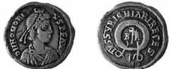 Fig. 9. Silver siliquae (valued at 100 denarii) of the Suevic King Rechiar (d. 456; r. 448-56), minted at Braga. Wt: 1.78 g; D: 1.8 cm (45/64 in). Obverse: bust of Honorius. Reverse: a cross with the regnal inscription IVSSV RICHIARI REGES. First known example of a leader of a barbarian kingdom issuing coins in his own name. Cabinet des Médailles, Bibliothéque  Nationale de France, Paris. [PHOTO/REPRODIICTION CREDIT - fo. 9: Photo hv Fernanda 7 énez S4nchez7. renraoduced by kind nermiccion] 
