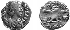 Fig. 13. Silver siliqua (valued at 100 denarii), probably from the reign of the Vandal King Gunthamund (r. 484-96). Wt: 1.38 g; D: 1.37 cm (17/32 in). Obverse: Laureate-headed bust facing right, wearing cuirass and paludamentum; inscribed HONO [] PVS AGT. Reverse: A [] O III K, Carthago standing with widespread arms, in wreath with star. Cabinet of Coins, Kunsthistorisches  Museum, Vienna, W. 191.209. (PHATO/BEPRATMICTION CREDIT «Ge: 12° Danradneced bw: ad Aetitecian ALFKS Ka pethictaticehadc MAncenm. VWeensal 