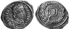 Fig. 12. Vandal siliquae (valued at 100 denarii), a silver issue of King Gunthamund (r. 484-96). Wt: 1.72 g; D: 2.0 cm (25/32 in). Obverse: beardless bust of the king, facing right, wearing a jeweled diadem with crescent and pellet, paludamentum, and cuirass, and inscribed DN REX GUNTHAMUNDU (‘Our Lord, King Gunthamund’). Reverse: the letters DN with laurel wreath and a circular ornament. Cabinet of Coins, Kunsthistorisches Museum, Vienna, W. 191.219.  [PHOTO/REPRODUCTION CREDIT - fig. 12: Reproduced by kind permission of the Kunsthistorisches Museum, Vienna] 