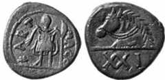 Fig. 14. Bronze coin (valued at 21 nummi). Wt: 9.32 g; D: 2.20 cm (7/8 in). Obverse: a standing figure resembling an emperor, inscribed KARTHAGO. Reverse: horse’s head facing left above a mark of value, XXI. Cabinet of Coins, Kunsthistorisches Museum, Vienna, W. 191.207.  [PHOTO/REPRODUCTION CREDIT - fig. 14: Reproduced by kind permission of the Kunsthistorisches Museum, Vienna] 