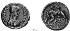 Fig. 15. Bronze follis (valued at 40 nummi) from Rome. Wt; 14:08 g; D: 2.60 cm (1 in). Obverse: showing a helmeted bust of Roma facing right, inscribed INVICTAROMA. Reverse: showing-the /upa Romana (a she-wolf suckling the twins Romulus an Remus). Fitzwilliam Museum, Cambridge, UK.  [PHOTO/REPRODUCTION CREDIT - fig. 15: No. 82b in Michael Andreas Metlich, The Coinage of Ostrogothic Italy (London: Spink, 2004)] 
