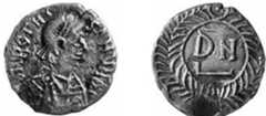 Fig. 16. Silver half-siliqua (valued at 50 denarii) of the Vandal King Thrasamund (r. 496-523). Wt: 0.89 g; D: 1.48 cm (37/64 in). Obverse: DNRGTHR [] SAMUND [], bust of Thrasamund facing right with diadem, cuirass and paludamentum. Reverse: D N in wreath with circular ornament. Cabinet of Coins, Kunsthistorisches Museum, Vienna, W. 191.224.  [PHOTO/REPRODUCTION CREDIT - fig. 16: Reproduced by kind permission of the Kunsthistorisches Museum, Vienna] 