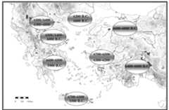 Figure 2. Snapshot with the first occurrence of a sedentary lifestyle in the different regions of the circum- Aegean world, the Marmara region, and the Lake District. (Adapted from Reingruber 2011:Figure 9)  It was not only the terminology and methodology that were adopted from Near Eastern archaeologica  Until recently, studies related to the transition — th 