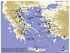 Fig. 3: The circum-Aegean with an enhanced network during the Early and Middle Neolithic visualized on behalf of Melian obsidian exchanged especially between coastal and inland sites 