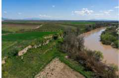 Figure 4: The tell of Argissa today (left) next to the Peneios River (Copyright: Ephorate of Antiquities of Larissa).  In the Eastern Thessalian Plain, only Argissa is securely radiocarbon dated to the period between 650 and 6300 cal BC. Part of the mound had been washed away by the Peneios River and this naturally provide orofile was used by Milojci¢ for the excavation between 1955 and 1958 of a stratigraphic trench of 24m 3m. Neolithic deposits were preserved only in the eastern part of the trench in an area of ca. 50 m*. Th owest levels contained pottery and small finds. Pit a and the postholes were dug in from above throug evels of the EN II (Reingruber, 2008, p. 141, Figure 3.7). Other rather irregular features were first interprete is dwelling pits, an interpretation which the excavator himself rejected later (Milojci¢, 1962). Anothe nterpretation is that “pits” B-¢ may represent the uneven surface as encountered by the first settle1 Reingruber, 2008, p. 143). Rectangular buildings made of clay were documented in the succeeding level »elonging to the EN II and III (Milojéi¢, 1962; Reingruber, 2008). The Neolithic deposits are less than 21 hick so the major part of the 8.40 m high mound consists mainly of Bronze Age habitation layers (Figure 4 These cut and disturbed the MN layer, yet a continuity from the EN into the MN is attested.  
