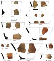 Fig. 8. Elateia 1, Reconstructed pottery shapes and decorative styles (draw- ings by Ellen Kihnelt; digitizing by Aggeliki Chalkia; photos by Frank Ltinsmann, Agathe Reingruber).  With one white painted exception, the closed shapes are always ornamented with impresso and scraped decoration (Fig. 8.16). However, while impresso ap- pears on traditional convex shapes with ring bases (T11, T12 and T41), the scraped decoration is asso- 