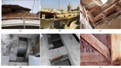 Figure 4: Representative timber joints of IC — a) plain lap joints with nails; b, c) mortice and tenon joints con- necting the beam at the top of lunette with the arches and ribs; d) mortice and tenon joints connecting the pillars to the beams, notched joints and leathered connection of beams; e) mortice and tenon joint with pegs connecting  the horizontal bracing to the pillars’ posts; and f) nailed connection of diagonals with pillar’s post.  The arches forming the vault, the lunette’s ribs, the lunette’s arches and the domes’ ribs and rings are composed of two alignments of timber arc-shaped planks, which are connected together by means of plain lap joints with 4 wrought handmade nails (Fig. 4a). 