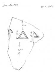 Fig. 34: Sketch of the object by Birgit Christiansen from July 31, 2009.  Dimensions of the object: Height 17 cm; width 11.8 cm (depth not recorded). etter height: 2.3-3.2 cm.  Transliteration: 