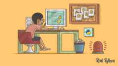 A person sitting in front of a computer, reading logs from a program, with an alarm light going off that indicates that an issue has been logged