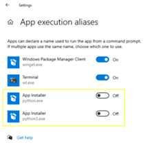 Windows Control panel for app execution aliases