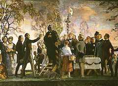 A painting showing a large group of people dressed in 19th century clothing toasting by a long table.