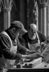 Nach der Lesart der meisten deutschen Großlogen entstammt die heutige Freimaurerei der Tradition der Steinmetz-Bruderschaften. Wir haben versucht, mit den aktuellen Möglichkeiten der "Künstlichen Intelligenz", das Flair der Arbeitswelten nachzuvollziehen. Diese Abbildung stammt von Michael Thomas Holstein. Er benutzte dabei die Möglichkeiten von "Midjourney".