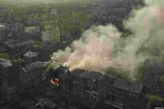 An apartment building in Bakhmut burns after Russian shelling on December 7.&nbsp; Russian forces continued their relentless rocket attacks and bombardments on Ukrainian positions in Donetsk, with particular focus on Bakhmut -- a city that has been under attack for nearly seven months.