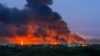 A fire rages at the Kuibyshev oil refinery in Russia's Samara Oblast after a strike by Ukrainian drones in August. 