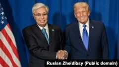 Kazakh President Qasym-Zhomart Toqaev and US President Donald Trump in September pose on the sidelines of the UN in New York on September 30.