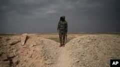 A U.S.-backed Syrian Democratic Forces (SDF) fighter stands atop a hill in the desert outside the village of Baghuz, Syria, Feb. 14, 2019. 