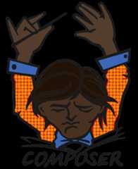 The Composer Official Logo: a male orchestra conductor with both arms in the air and his head tilted down, reading music sheets