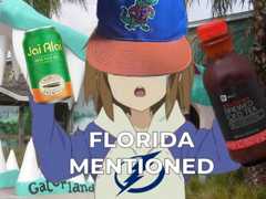 BLANK mentioned meme with the anime girl holding a publix iced tea, a florida based beer, weraing a florida gators hat in front of the gatorland attraction. The text at the bottom that reads Florida Mentioned!