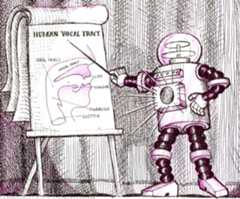 Illustration of a Robot pointing to a Diagram of a Vocal Tract in a Lecture Hall