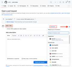 Screenshot of how to select reviewers of your PR and create the PR in Github