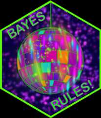 a hex shaped logo with shiny green-pink disco ball and purple starry background. There is text that says Bayes Rules!