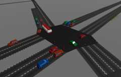 Screenshot of SUMO-Web3D showing an intersection with cars and a bus
