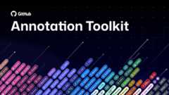 Figma library cover for the GitHub Annotation Toolkit with a grid background that looks like a starry night sky. There's an armada of little annotation stamp labels covering the bottom two thirds of the image, all at an angle. There's a series of angled git lines above them. Both look like they're launching from the ground and through into the sky grid.