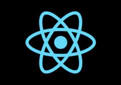 Logotipo do ReactJS representado por um ícone de uma partícula de átomo (um círculo ao centro com anéis ao seu redor)
