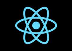 Logotipo do ReactJS representado por um ícone de uma partícula de átomo (um círculo ao centro com anéis ao seu redor)