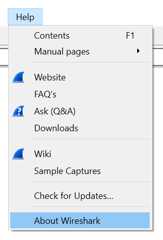 Screenshot showing a mouse about to click on the About Wireshark menu.