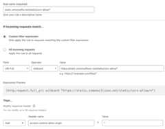 Screenshot of a CORS configuration interface with fields for rule name "static.simonwillis.net/static/cors-allow/", custom filter expression selected, URI Full field with wildcard operator and value "https://static.simonwillison.net/static/cors-allow/", and response header configuration for access-control-allow-origin set to "*"