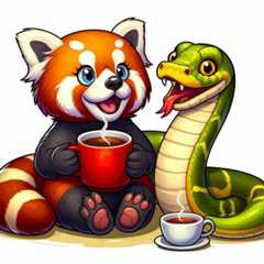 A redpanda & a python sipping tea together as friends.
