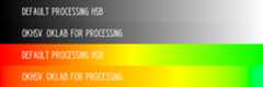 Comparison of smooth gradients as generated by Processing's default color functions versus Oklab-for-Processing's color functions.