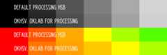 Comparison of color palettes as generated by Processing's default color functions versus Oklab-for-Processing's color functions.
