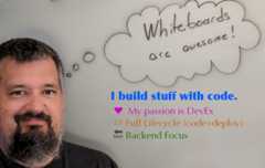 Picture of my face in front of a whiteboard with a thought bubble drawn with the words "Whiteboards are awesome! Additional captions read "I build stuff with code," "My passion is DevEx," "Full Lifecycle (code+deploy)", "Backend Focus."