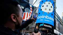 The Coinbase logo in Times Square
