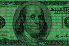 Digital Code On The Background Of A 100 Us Dollar Bill. Hacker Attacks