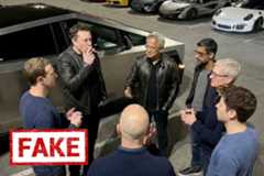 AI-generated image depicting Elon Musk, Jensen Huang, Sundar Pichai, Tim Cook, Sam Altman, Jeff Bezos, and Mark Zuckerberg standing in a circle in a parking lot.