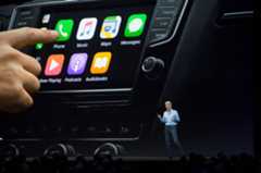 Apple's Senior Vice President of Software Engineering Craig Federighi speaks about CarPlay on stage during WWDC 2017