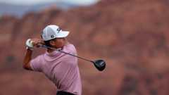 Michael Brennan of the United States plays his shot from the 18th tee during the third round of the Bank of Utah Championship 2025 at Black Desert Resort on October 25, 2025 in St George, Utah.